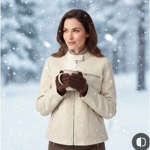 Just‎ One  Faux Leather Jacket Women's Size Medium Beige Full Zip Pockets Lined